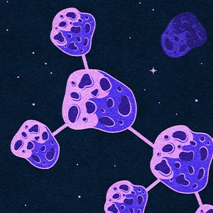 Illustration of asteroids in space that are interconnected into a structure like that of the amino acid glycine.