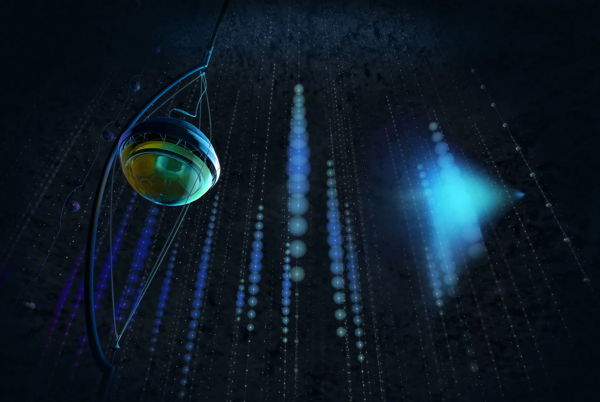 An illustration in which blue light illuminuates vertical strings of detectors suspended in darkness.