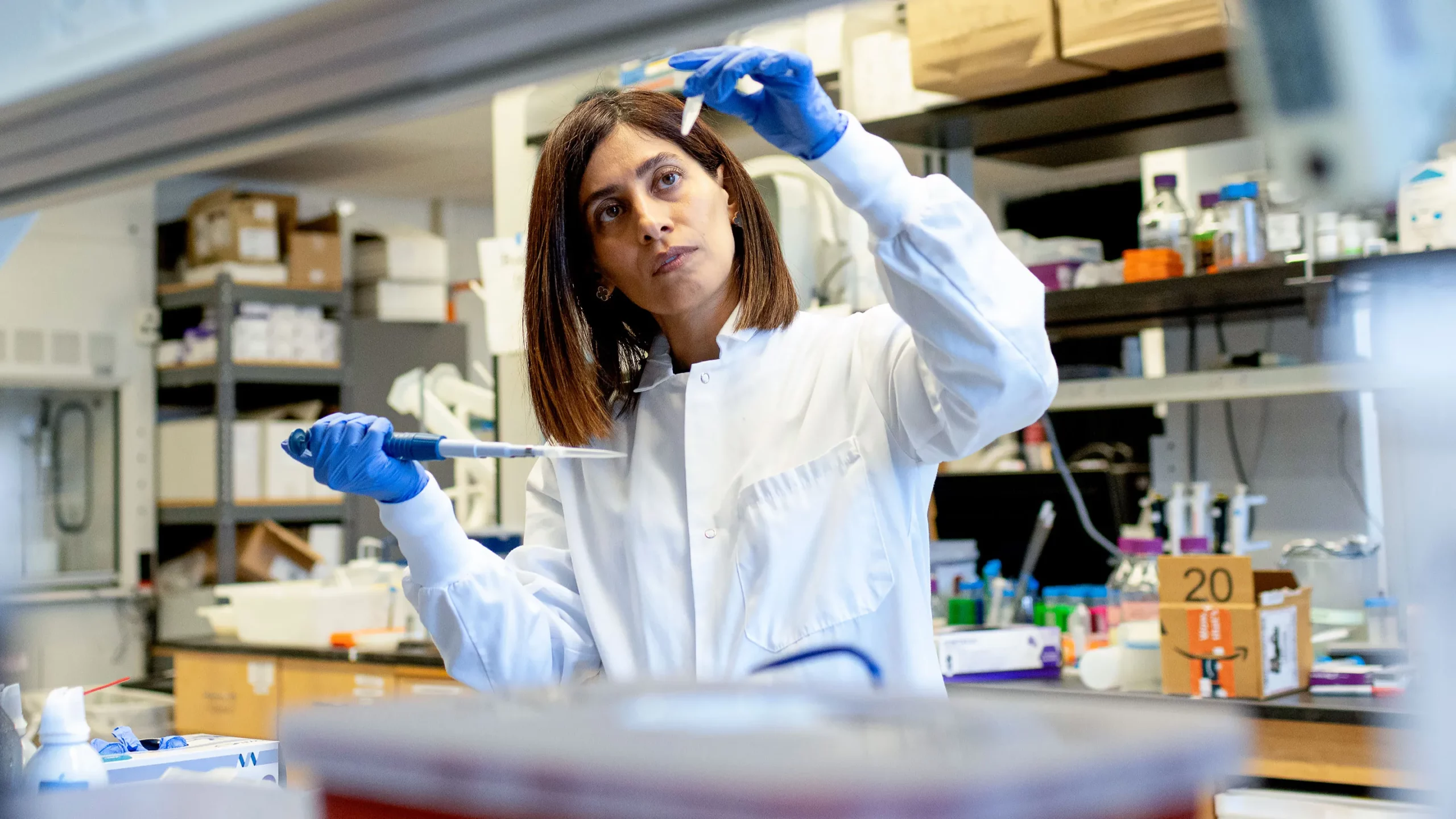 Nikta Fakhri looks at a test tube.