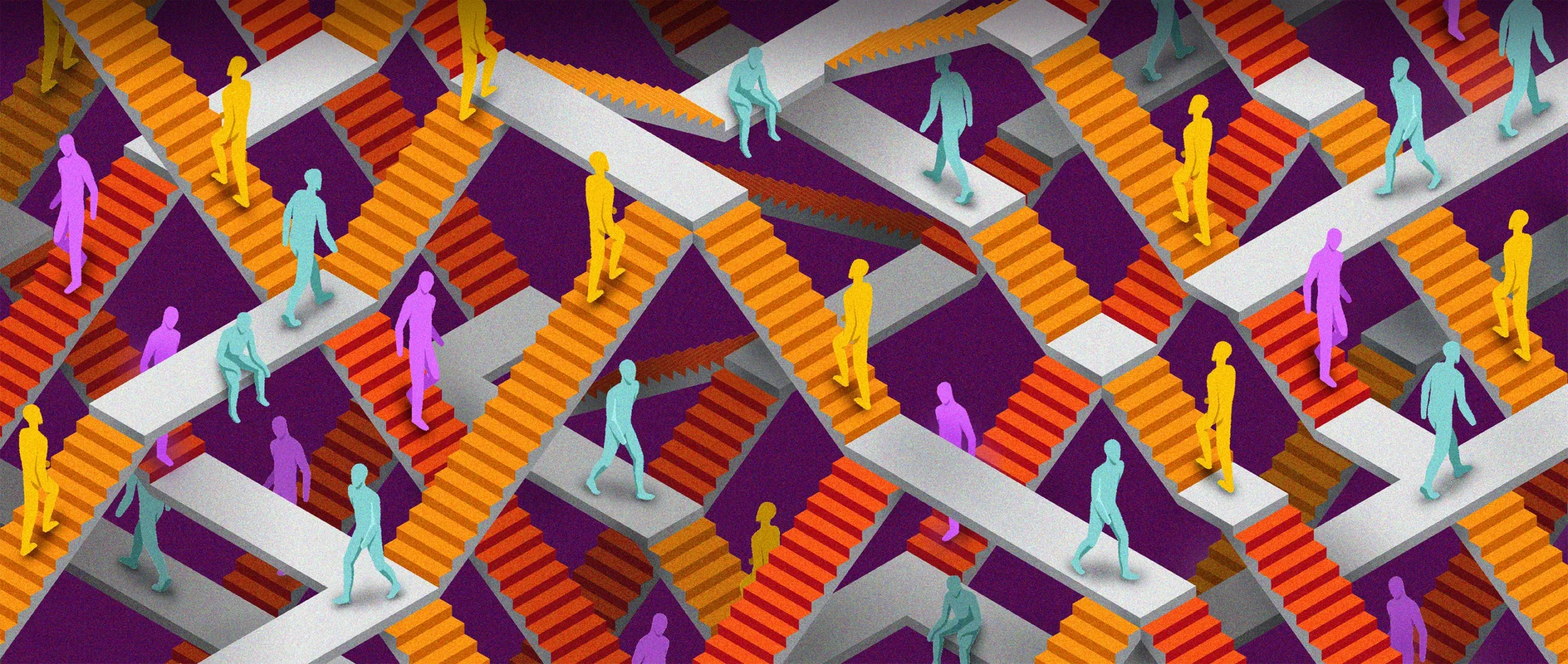 three-dimensional rendering of multiple brightly colored staircases interweaving with abstract silhouettes of humans walking up and down the stairs