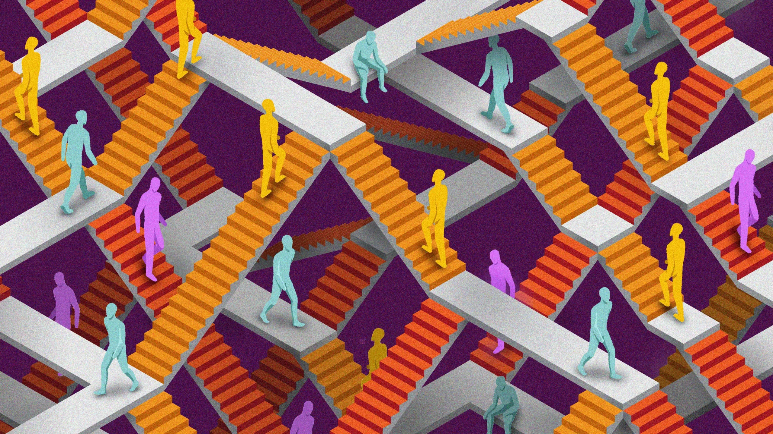 three-dimensional rendering of multiple brightly colored staircases interweaving with abstract silhouettes of humans walking up and down the stairs