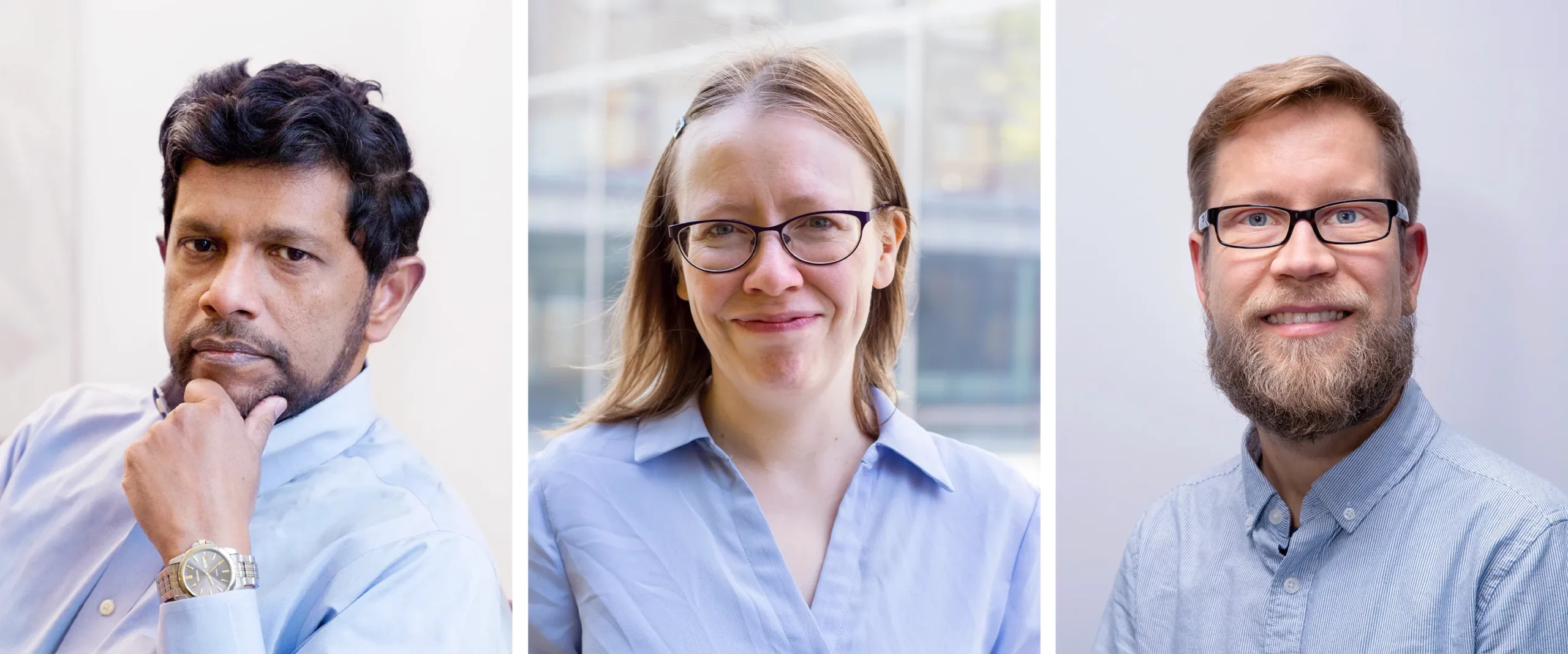 three side-by-side photos: one of a medium-skinned man in a blue dress shirt with a short beard, the next, a blonde, light-skinned woman with glasses and a blue dress shirt, and the final, a blond, bearded, light-skinned man with glasses and, yes, another blue dress shirt.