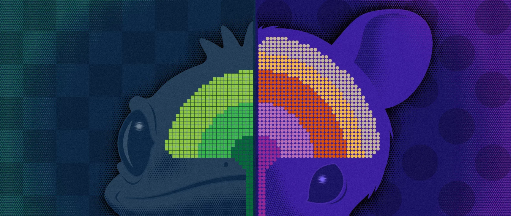 A stylized illustration showing half the heads and brains of a lizard and a mouse in cross-section side by side.