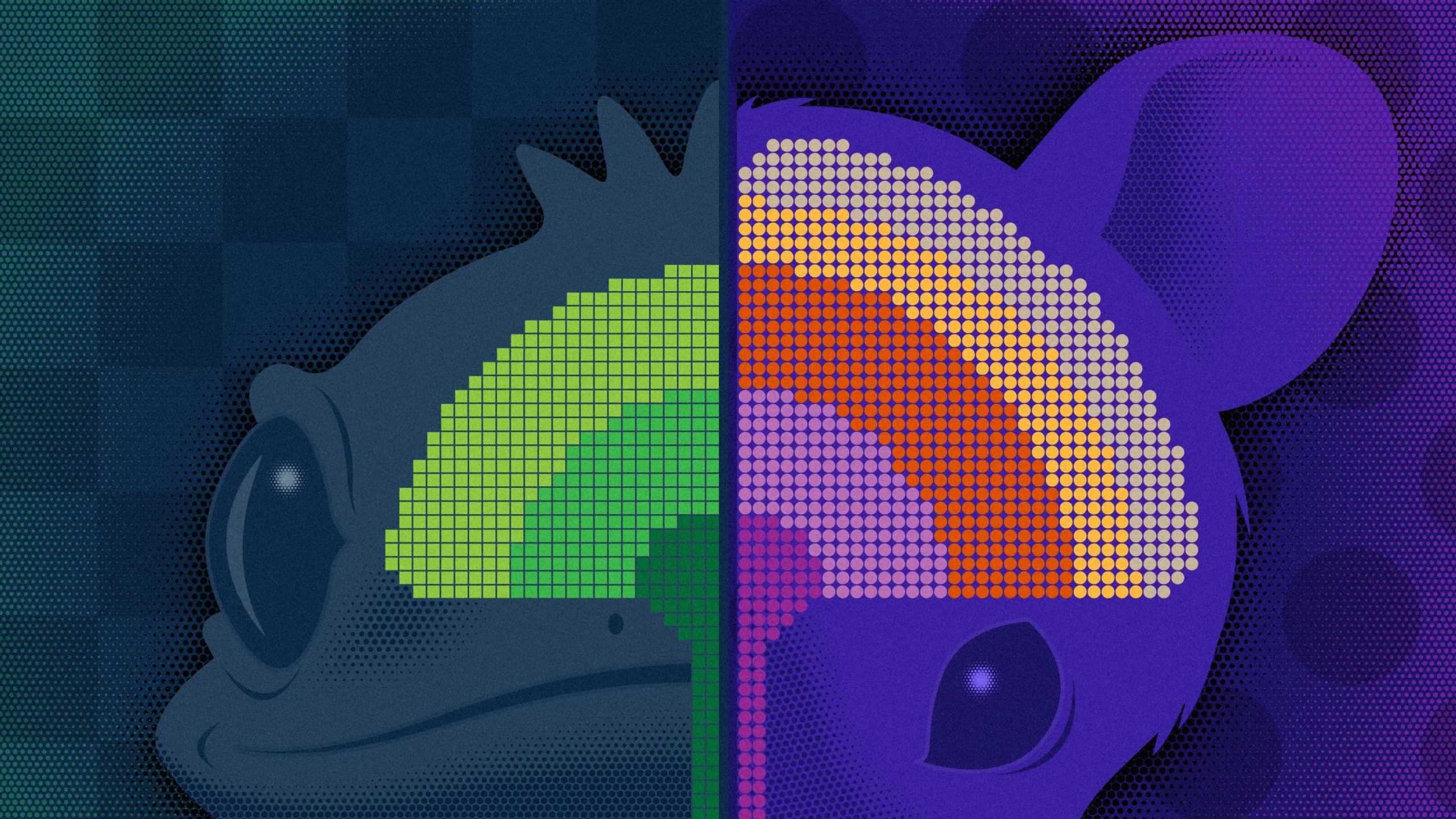 A stylized illustration showing half the heads and brains of a lizard and a mouse in cross-section side by side.