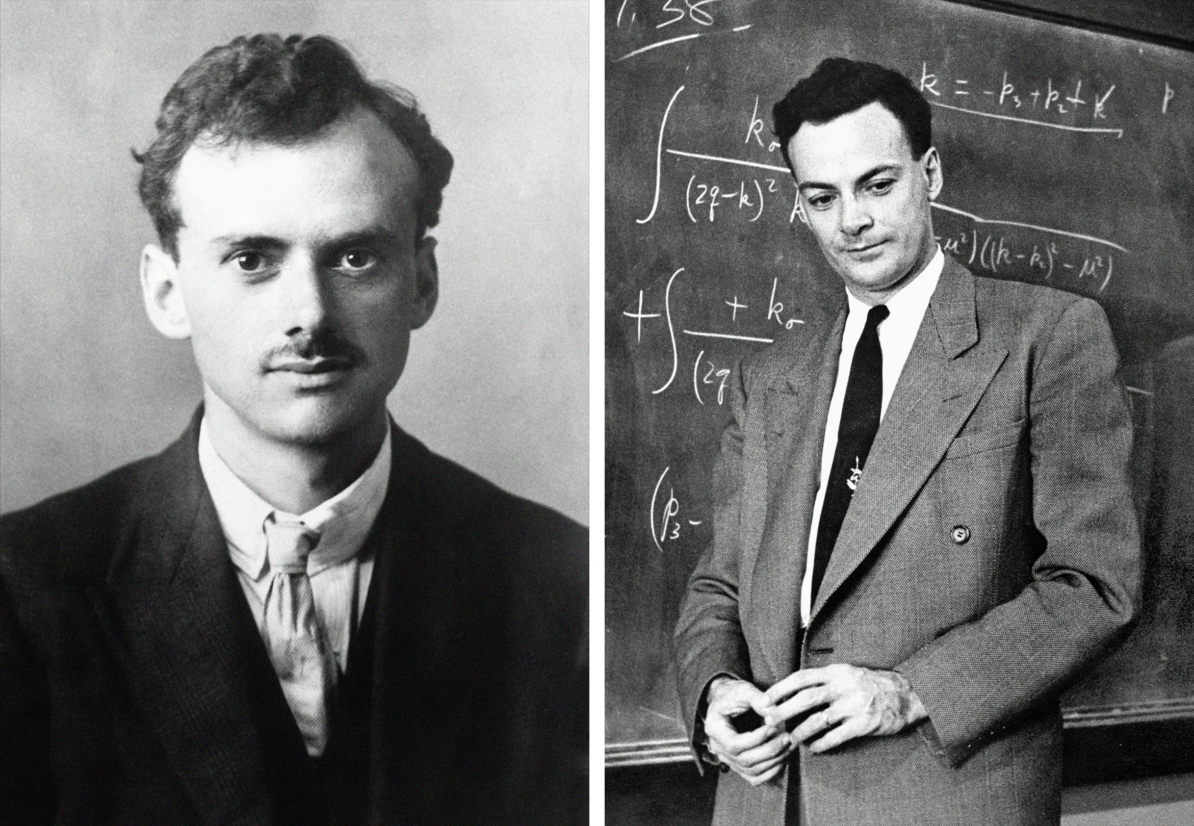 Side-by-side black-and-white portraits of Paul Dirac and Richard Feynman as young men.