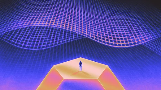 a small human figure stands on a golden geometric structure while the sky is full of curving pink and purple grids