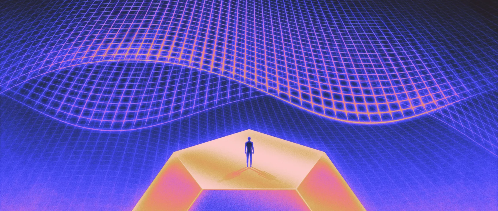 a small human figure stands on a golden geometric structure while the sky is full of curving pink and purple grids