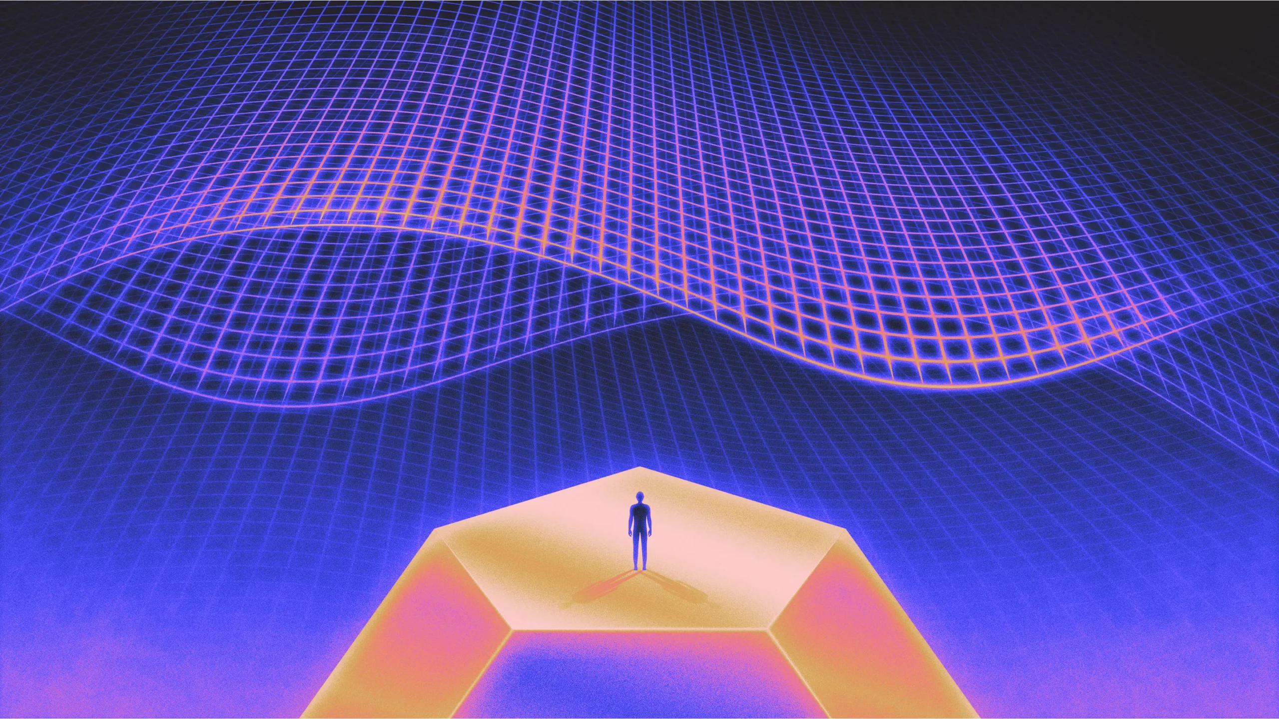 a small human figure stands on a golden geometric structure while the sky is full of curving pink and purple grids