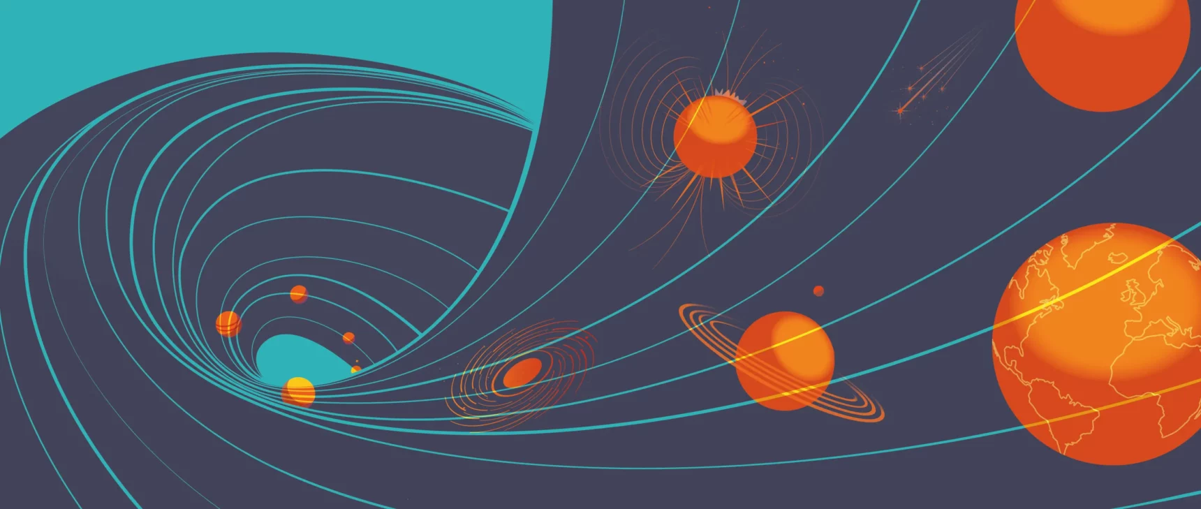 golden planets look like they're moving through a twisting current