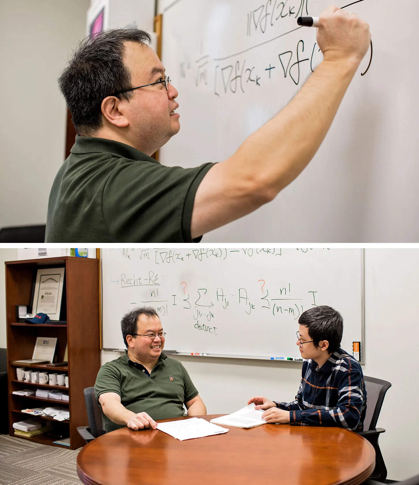 Lim writing on a whiteboard; Lim talking with his student Zehua Lai.