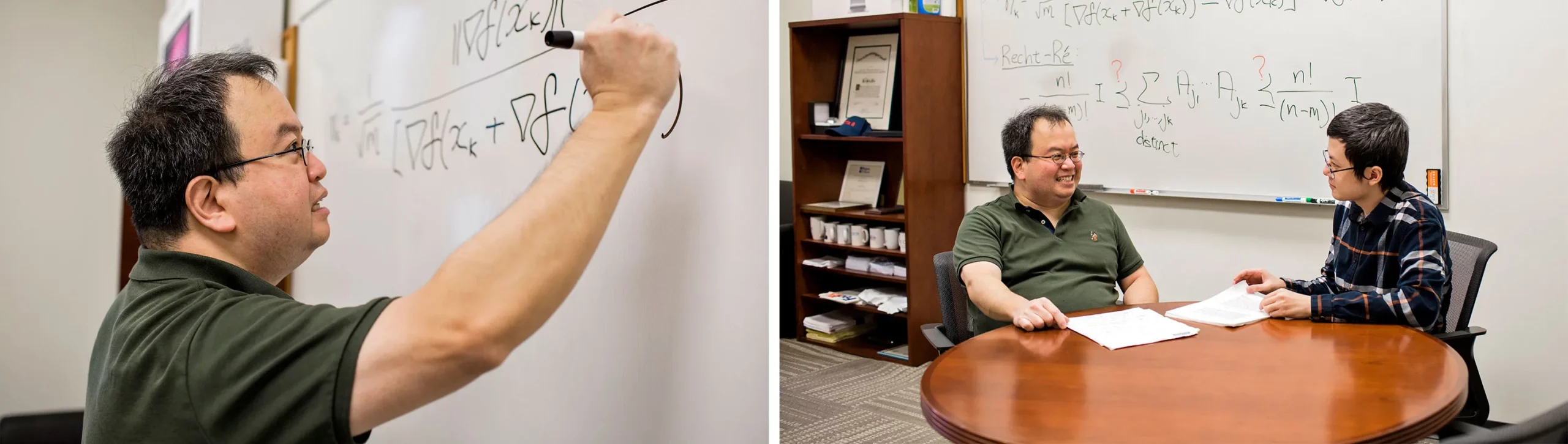 Lim writing on a whiteboard; Lim talking with his student Zehua Lai.