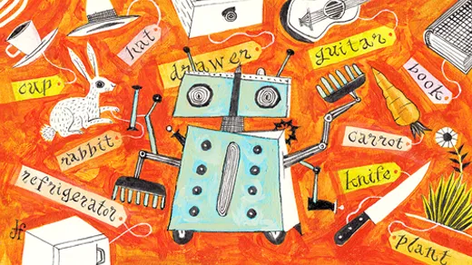 illustration of abstract, boxy-looking robot surrounded by household items such as a knife and a guitar, all of which have labels attached.