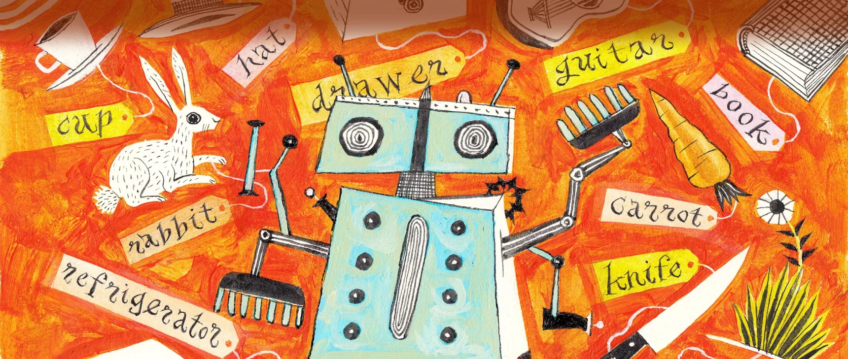 illustration of abstract, boxy-looking robot surrounded by household items such as a knife and a guitar, all of which have labels attached.