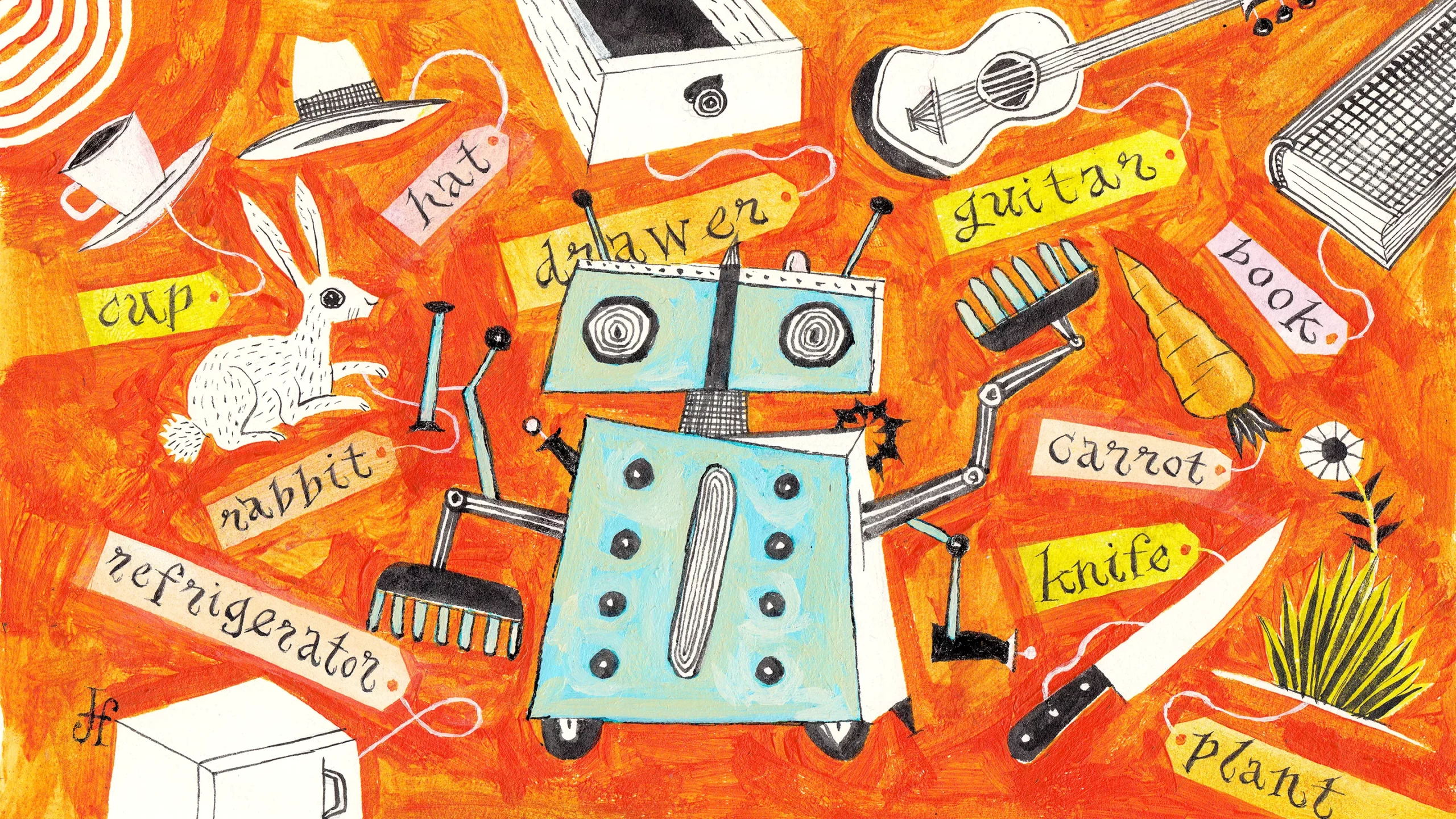 illustration of abstract, boxy-looking robot surrounded by household items such as a knife and a guitar, all of which have labels attached.