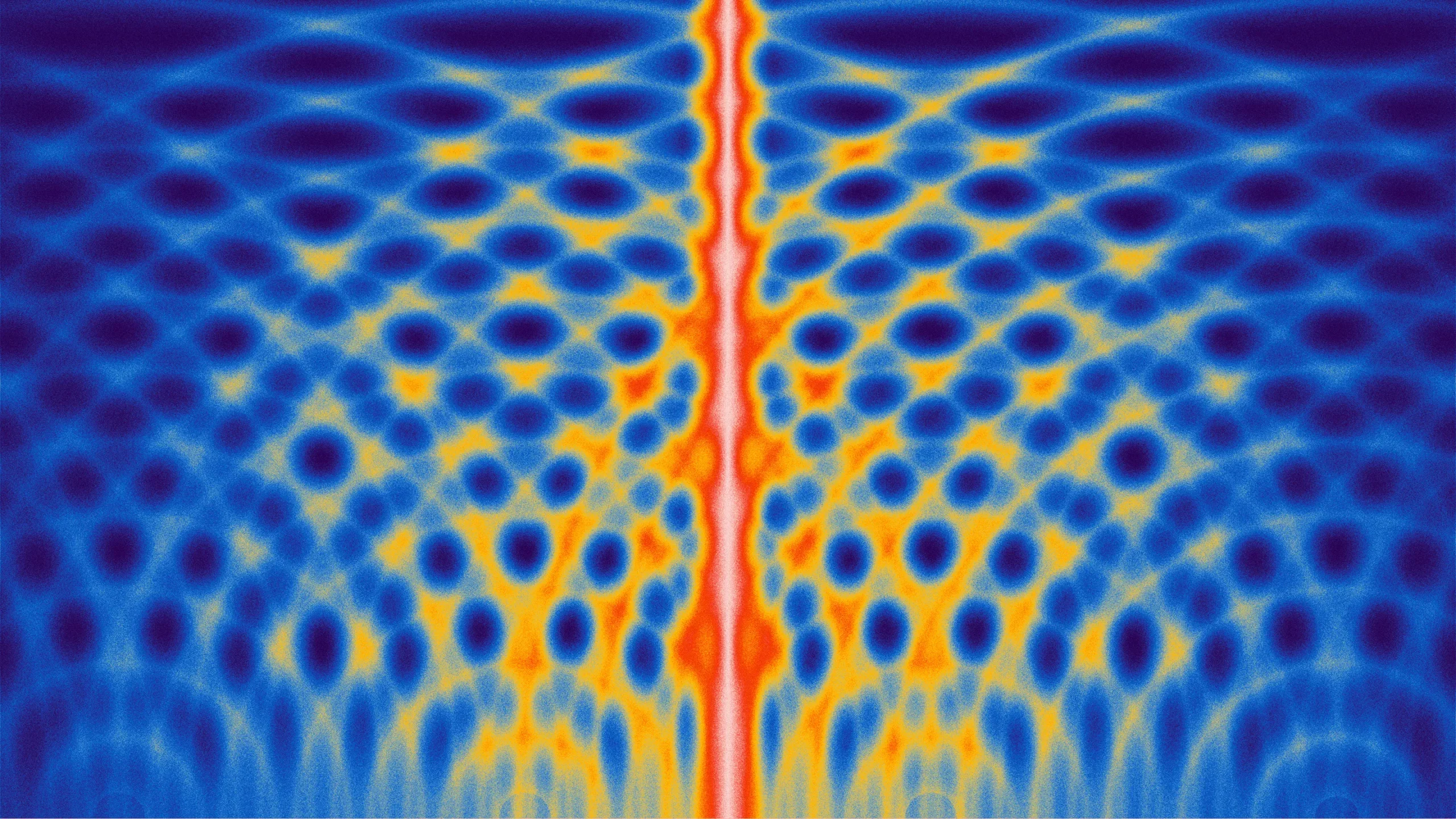 Illustration in which a bright red line results from many wavelike ripples overlapping.