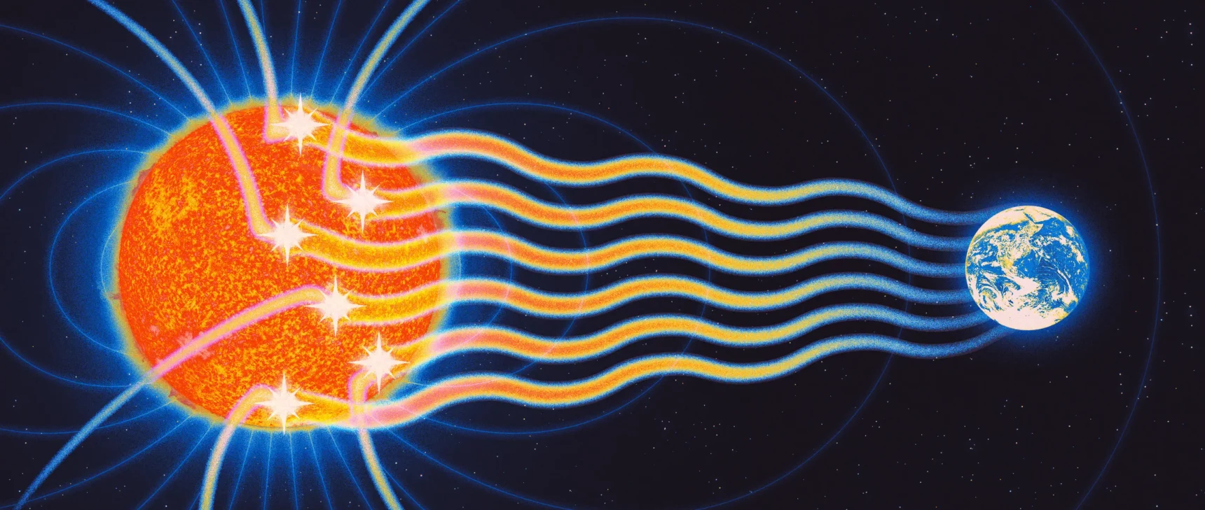 A drawing of cosmic rays approaching the sun and the sun emitting gamma rays.