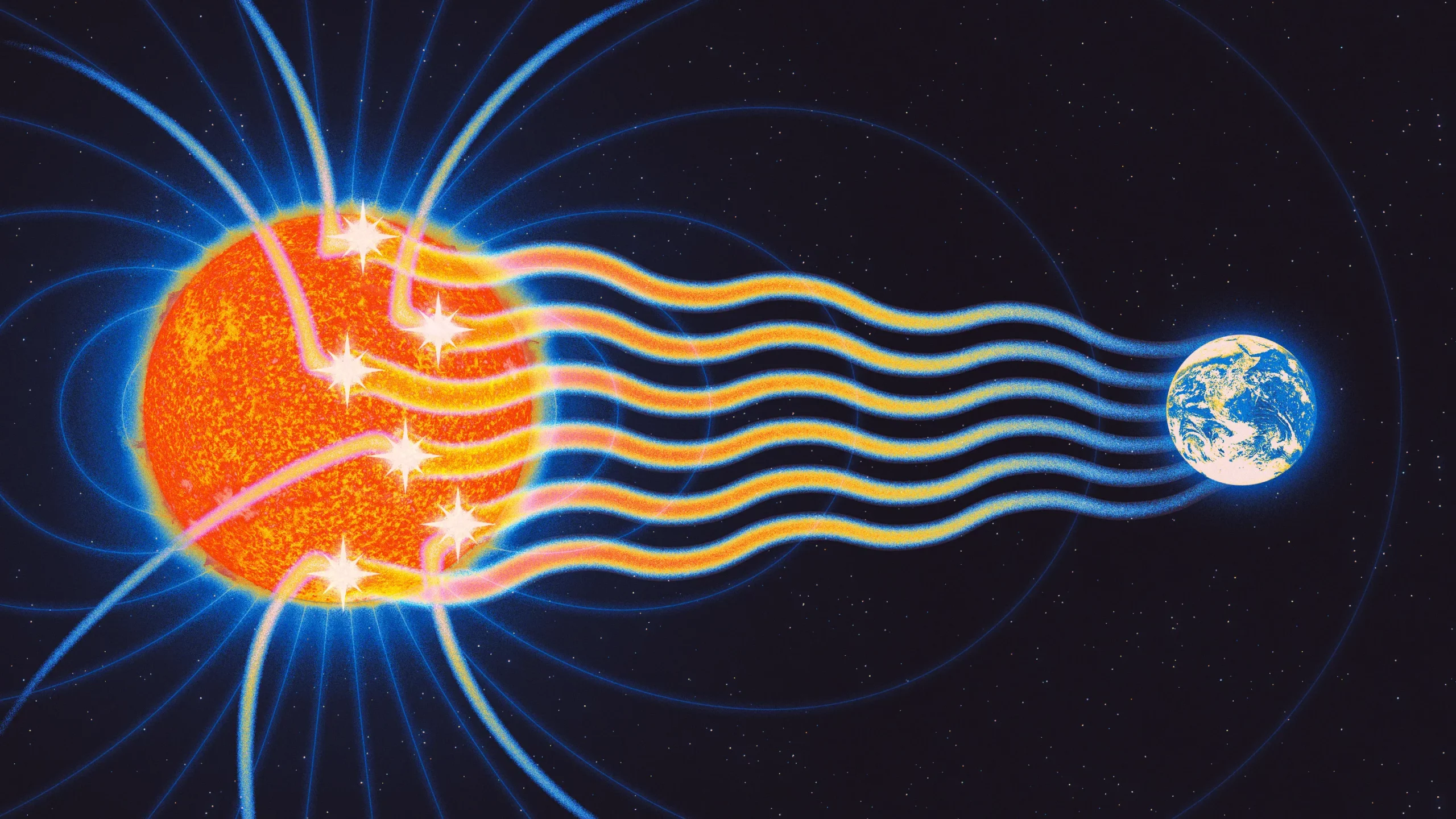 A drawing of cosmic rays approaching the sun and the sun emitting gamma rays.