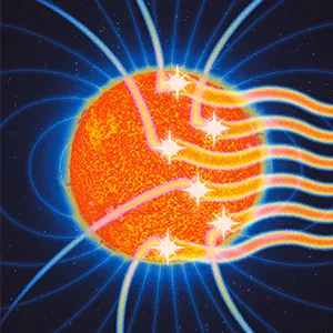 A drawing of cosmic rays approaching the sun and the sun emitting gamma rays.