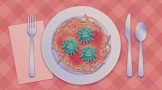 An illustration of a plate of spaghetti with big virus particles instead of meatballs.