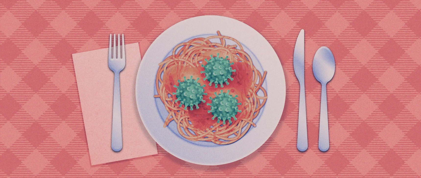 An illustration of a plate of spaghetti with big virus particles instead of meatballs.