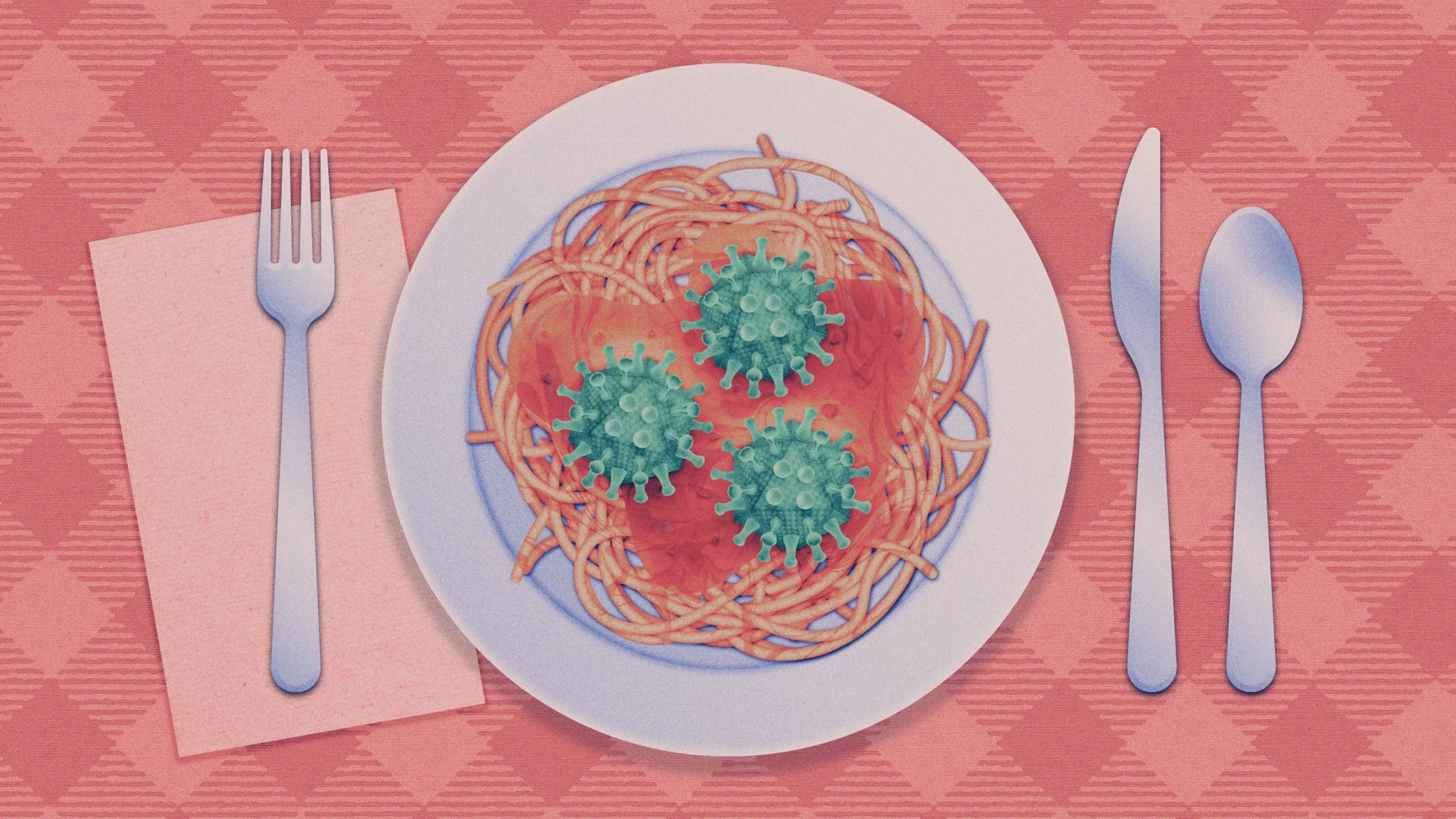 An illustration of a plate of spaghetti with big virus particles instead of meatballs.