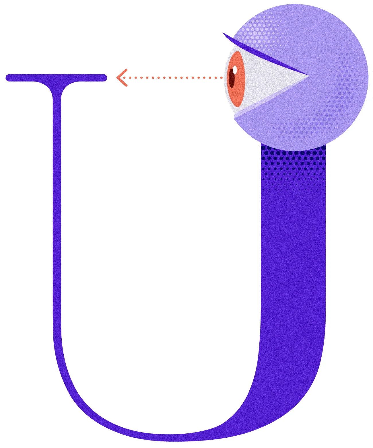 Illustration of a large letter U, for “universe,” with the early universe and its matter depicted at the upper left tip of the U, and the eye of a human observer at the upper right tip.