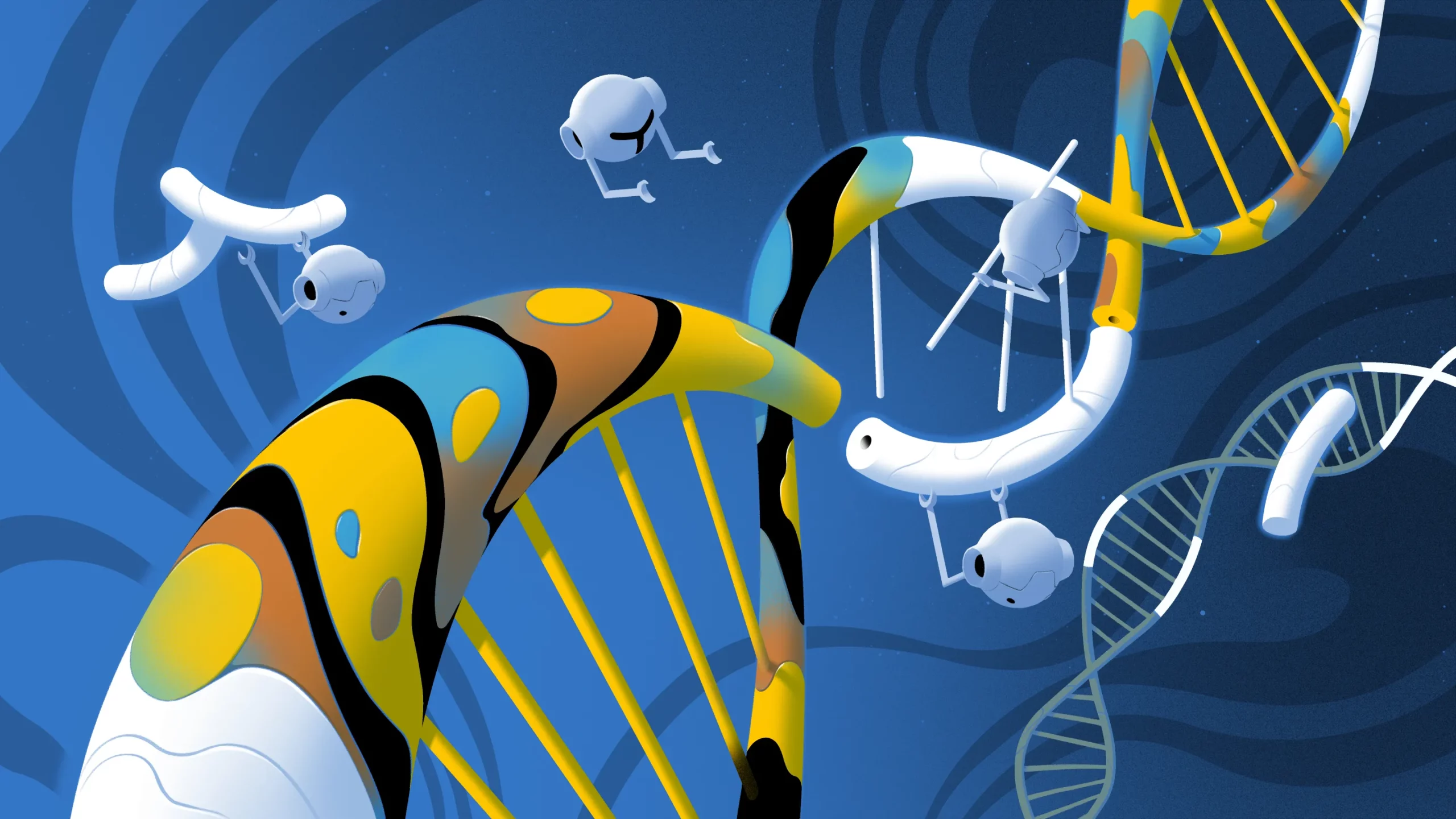 Illustration of tiny robots inserting segments of blank white DNA into the middle of brightly colored DNA in a double helix.