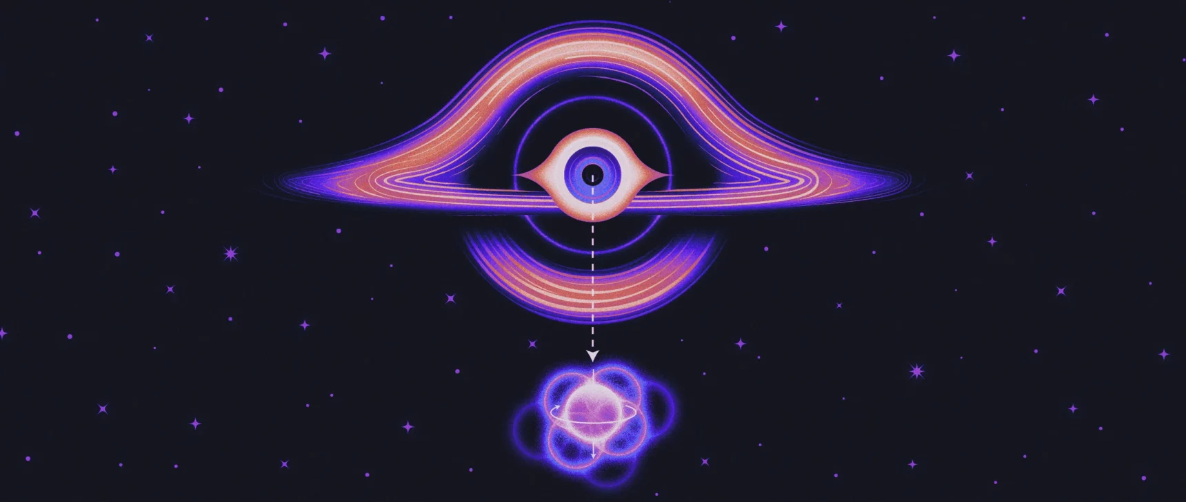 An illustration representing an eye at the center of a black hole, observing a quantum particle outside the black hole.