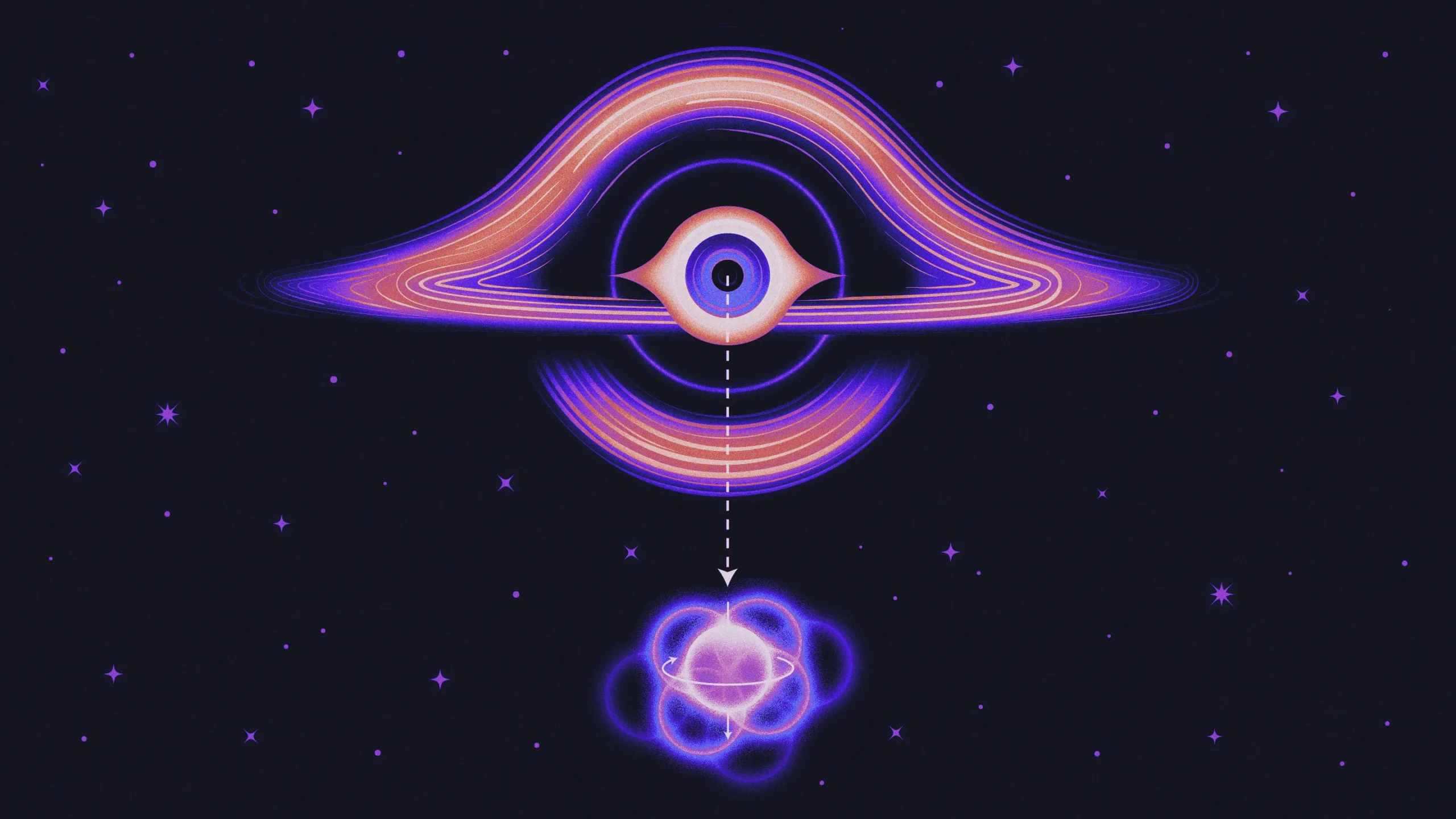 An illustration representing an eye at the center of a black hole, observing a quantum particle outside the black hole.