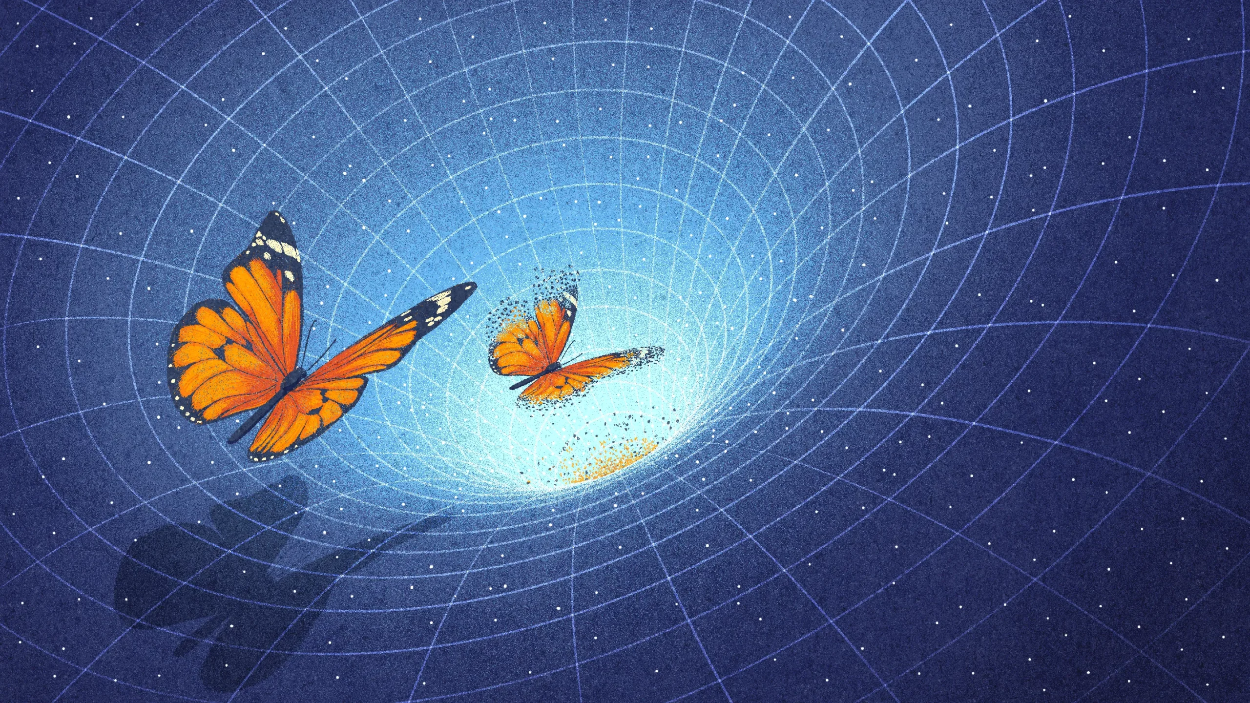 An illustration of a butterfly falling into a wormhole.