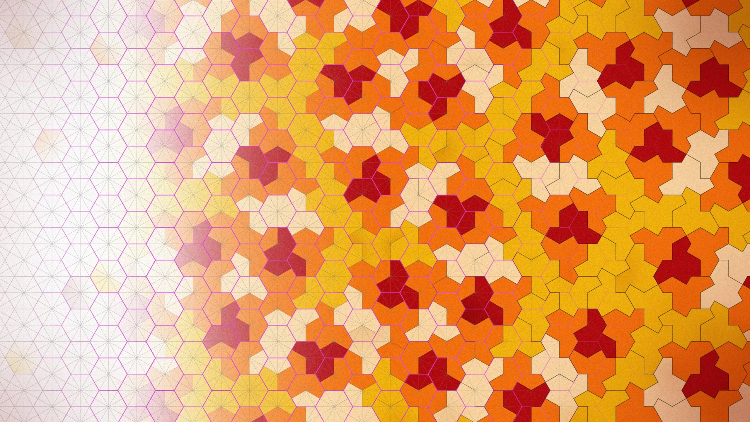 A red and yellow illustration that changes from a hexagonal tiling into a hat tiling.