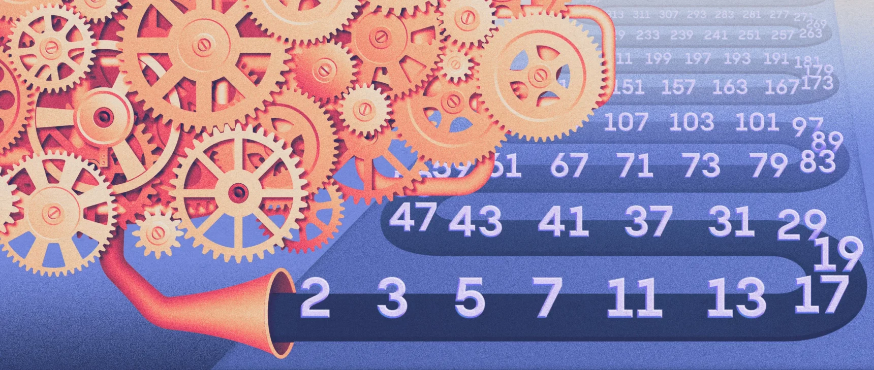 A complex machine produces prime numbers onto a conveyor belt that winds backwards into infinity.