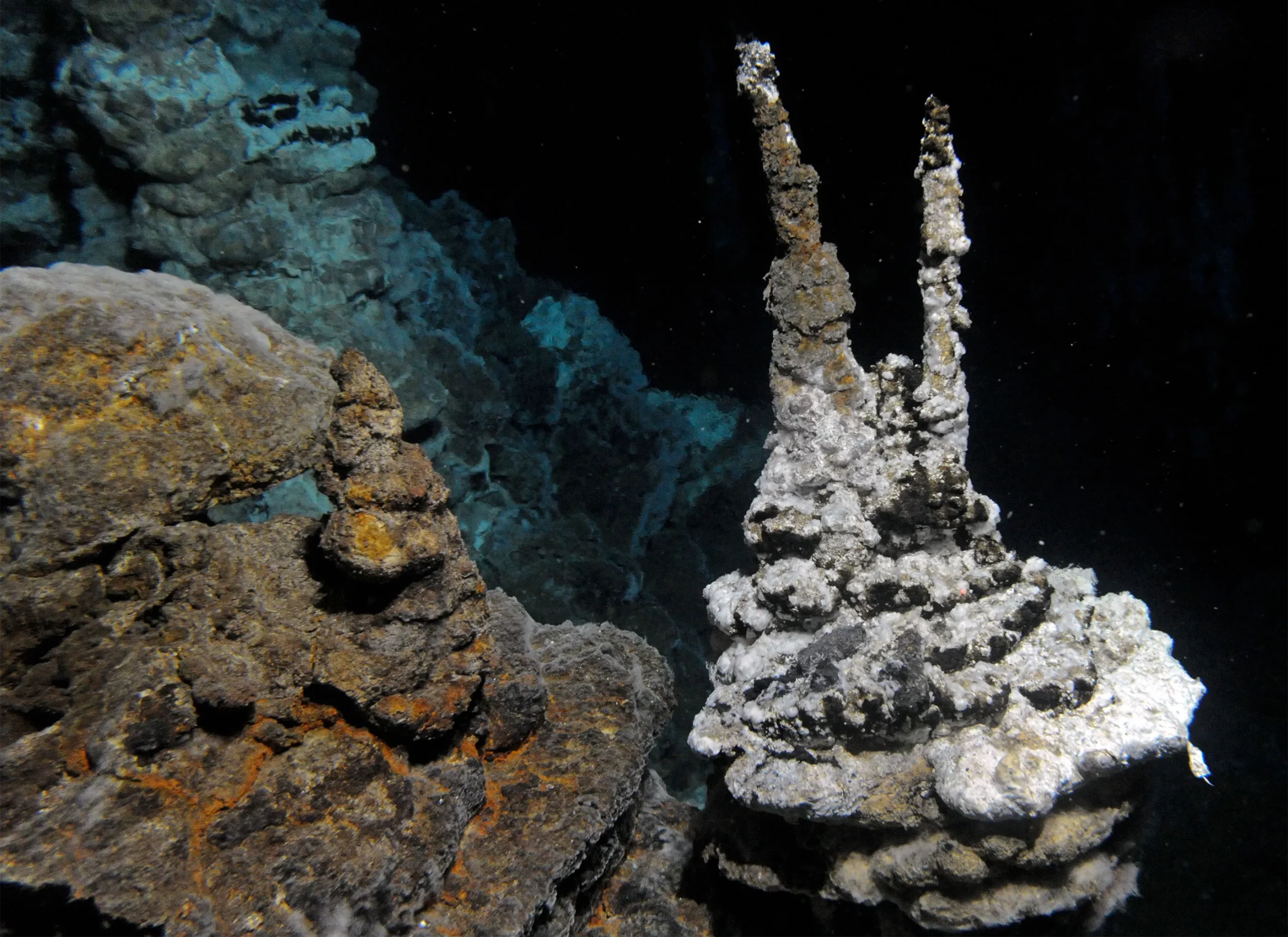 Underwater photography of the hydrothermal vent formation called Loki’s Castle.