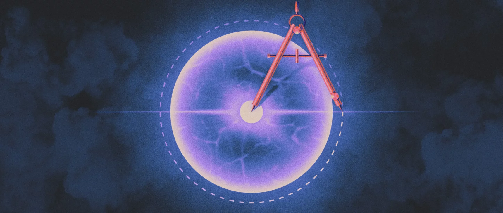 A glowing blue ball circumscribed by a compass.