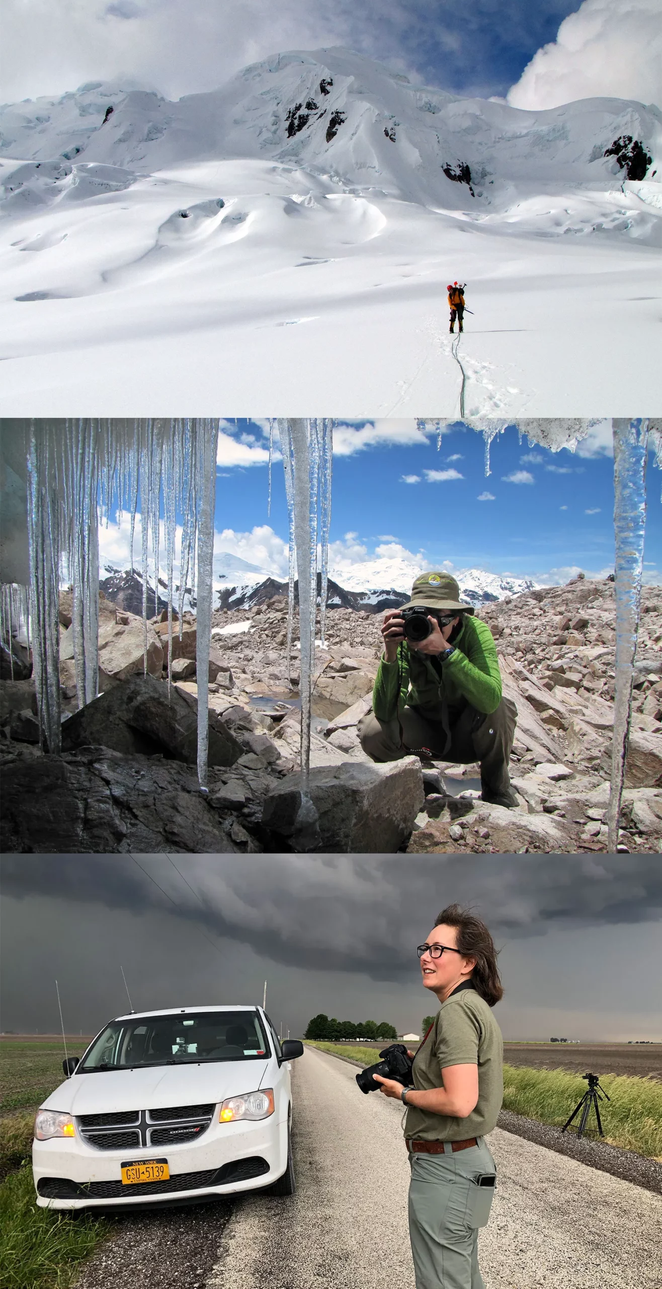 Wide shot of researcher on a snowy peak in the Andes; Seimon taking a photo under a rocky overhang covered with icicles; Seimon standing by her white car at the side of the road, holding a camera under ominously dark clouds.