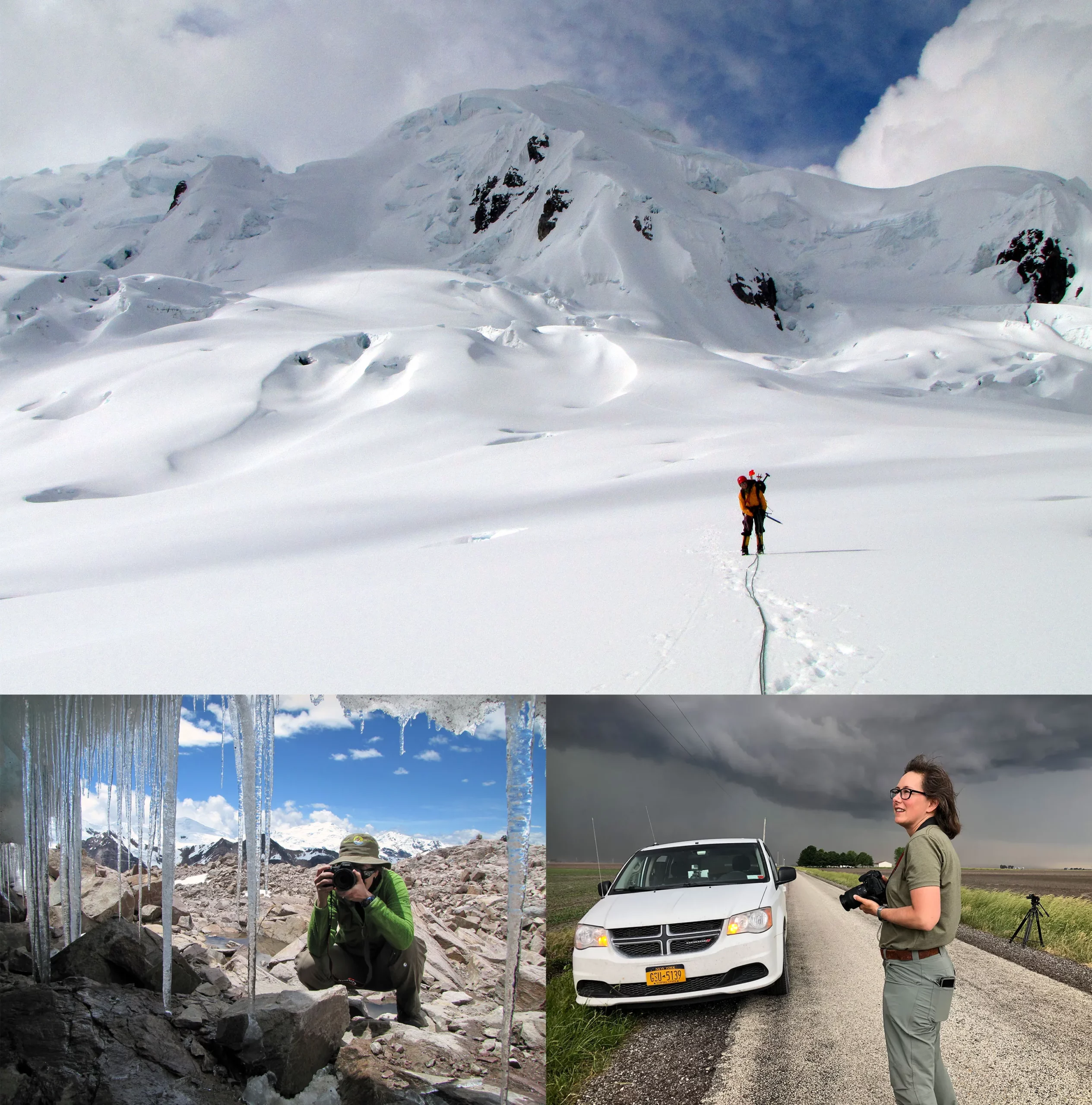 Wide shot of researcher on a snowy peak in the Andes; Seimon taking a photo under a rocky overhang covered with icicles; Seimon standing by her white car at the side of the road, holding a camera under ominously dark clouds.