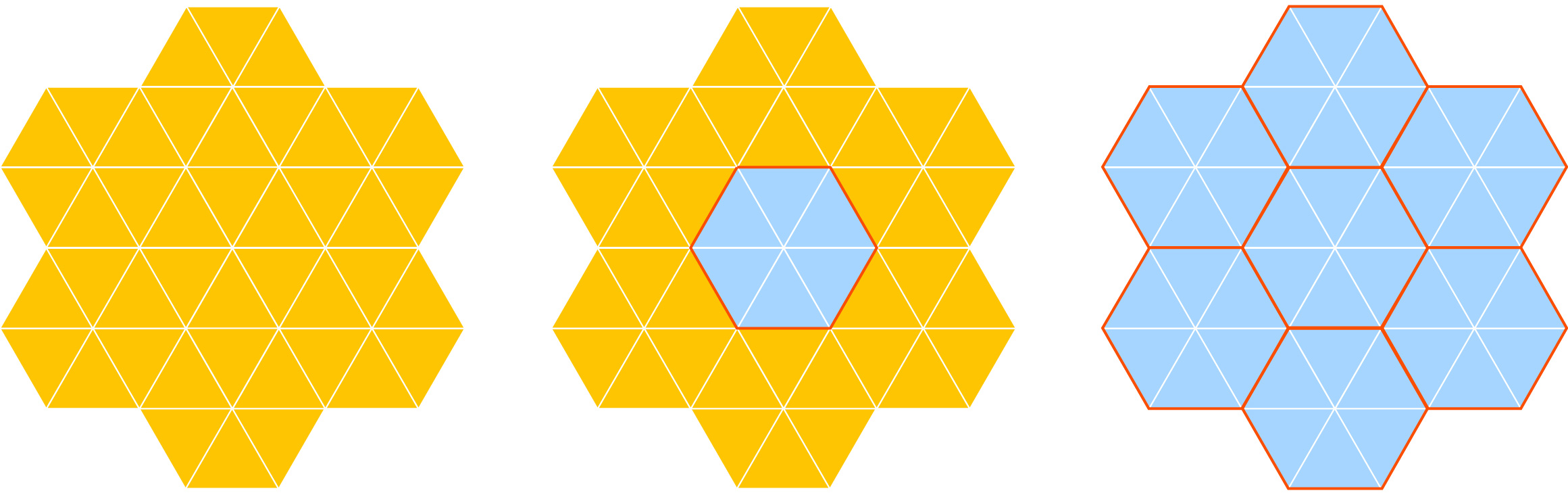 A figure showing tiled regular hexagons made up of tiled equilateral triangles.