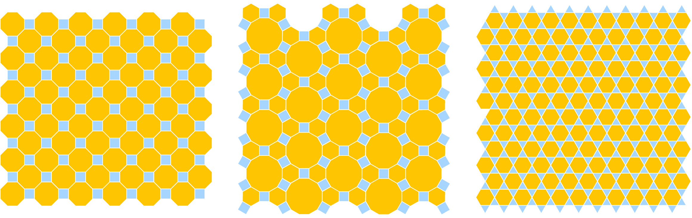 Figures showing the plane tiled by octagons and squares; dodecagons, hexagons and squares; and hexagons and triangles.