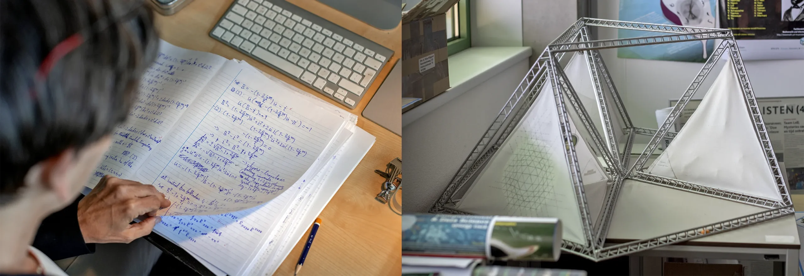 Two images. (Left) Loll looks at a notebook page filled with calculations. (Right) A metal model of triangles she computationally glues together to produce universes.