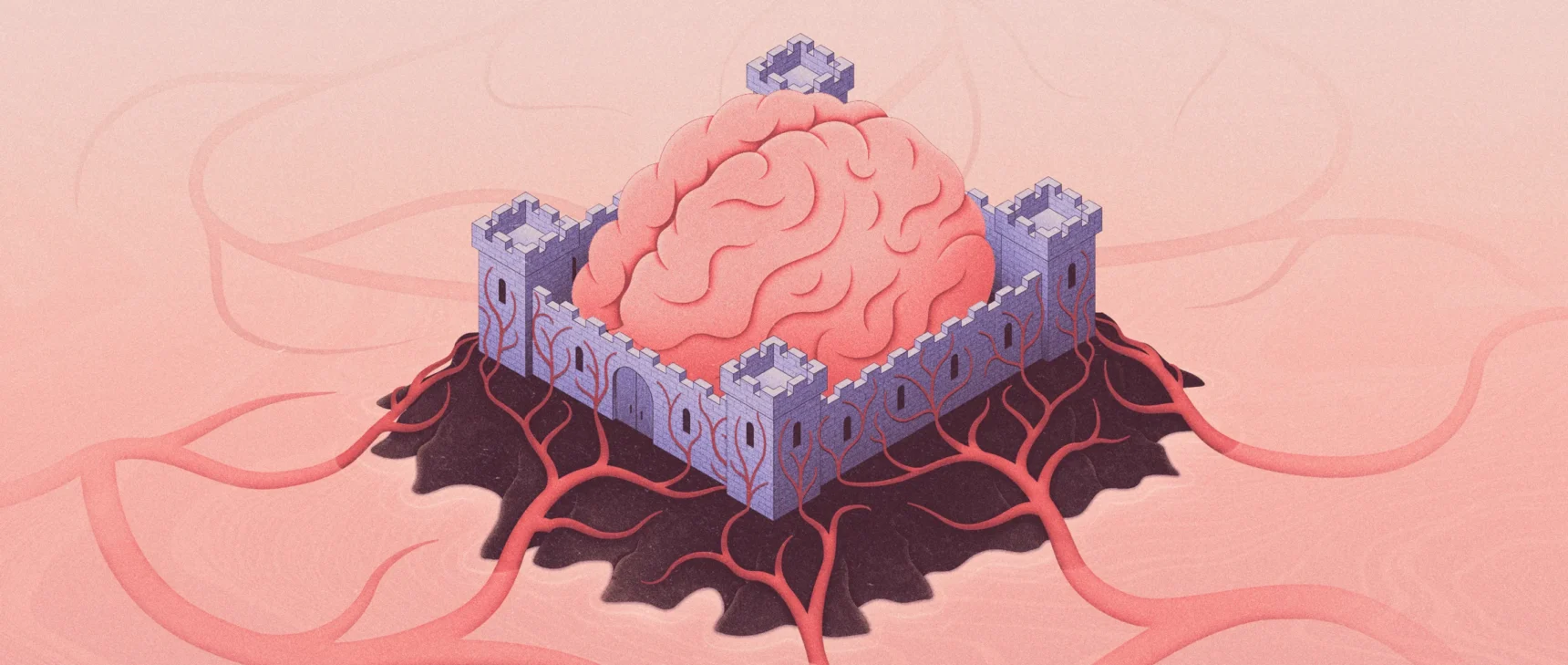 Illustration of a brain surrounded by castle walls that keep out blood vessels.