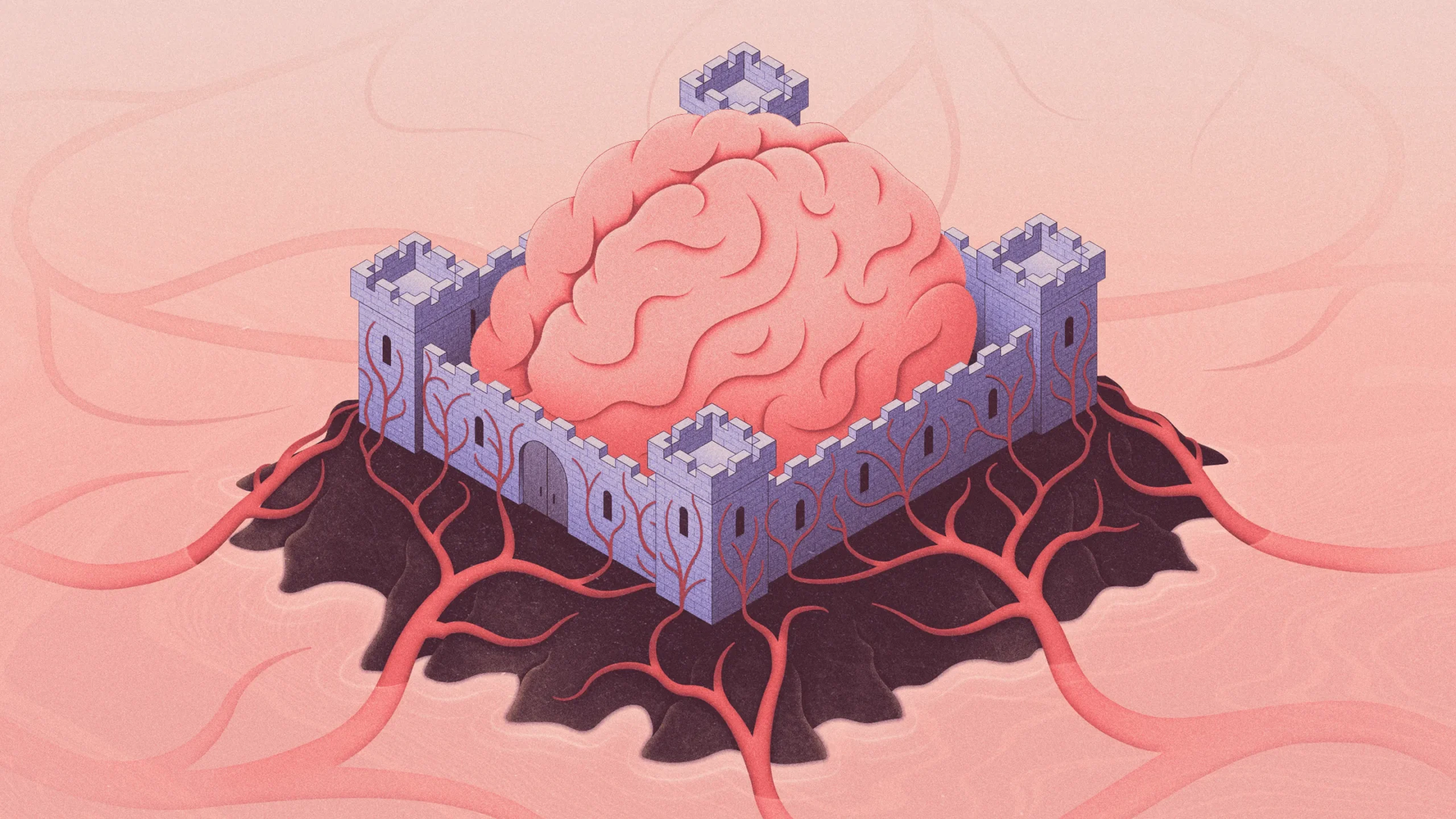 Illustration of a brain surrounded by castle walls that keep out blood vessels.