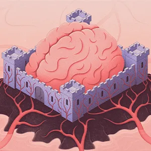 Illustration of a brain surrounded by castle walls that keep out blood vessels.