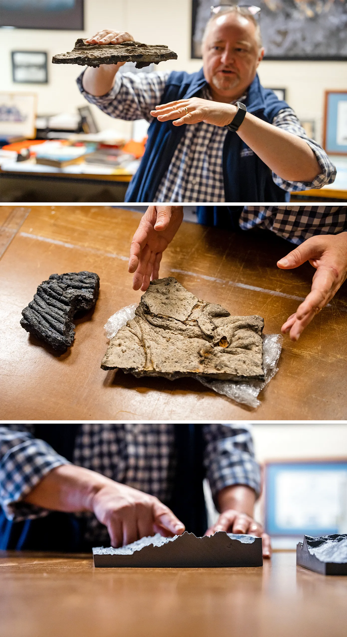 In three images, German holds a slab of crust from the Mid-Cayman Rise while gesturing, sets the slab beside a black chunk of lava, and runs his fingers over a 3D model of the seafloor.