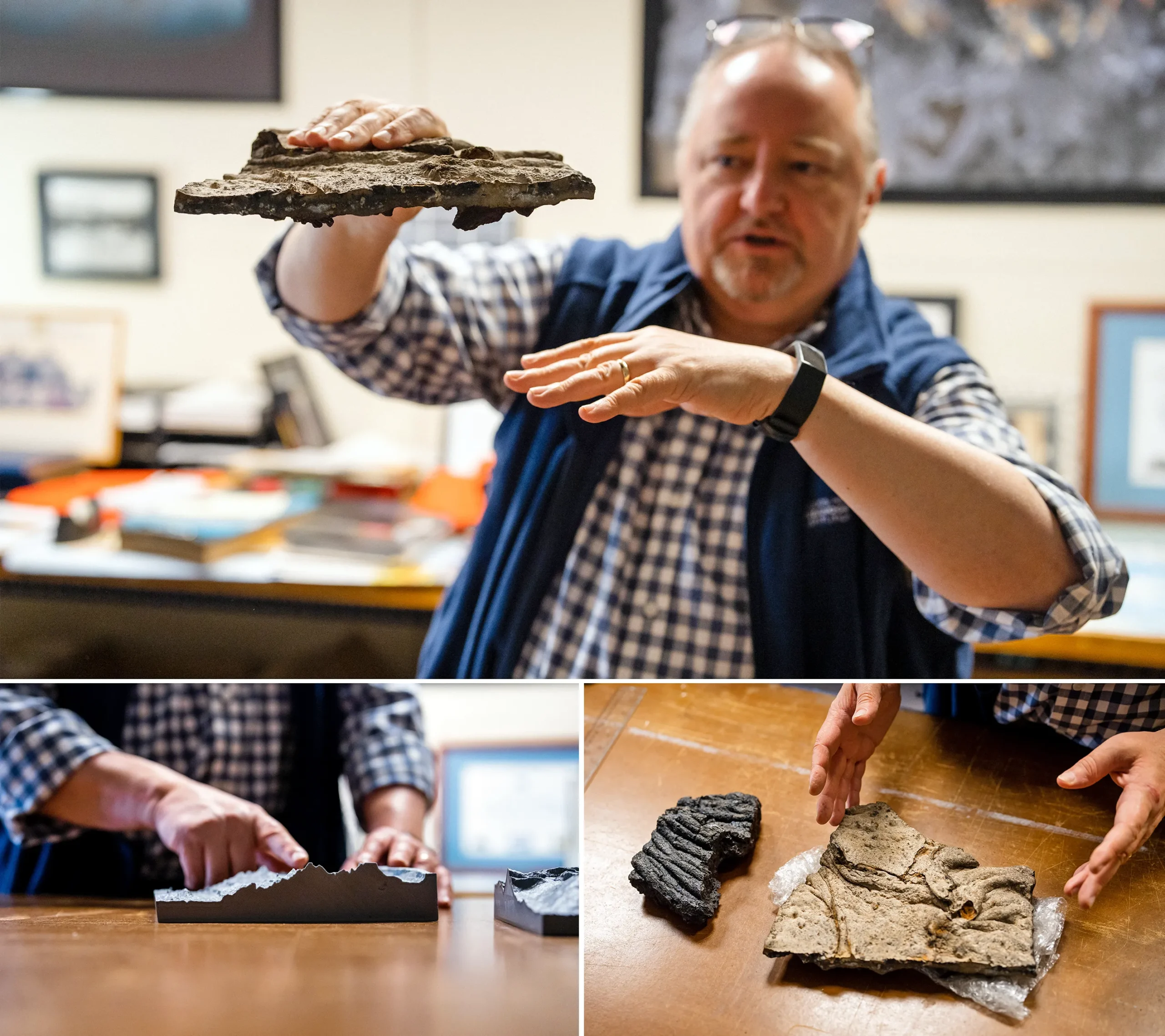 In three images, German holds a slab of crust from the Mid-Cayman Rise while gesturing, sets the slab beside a black chunk of lava, and runs his fingers over a 3D model of the seafloor.