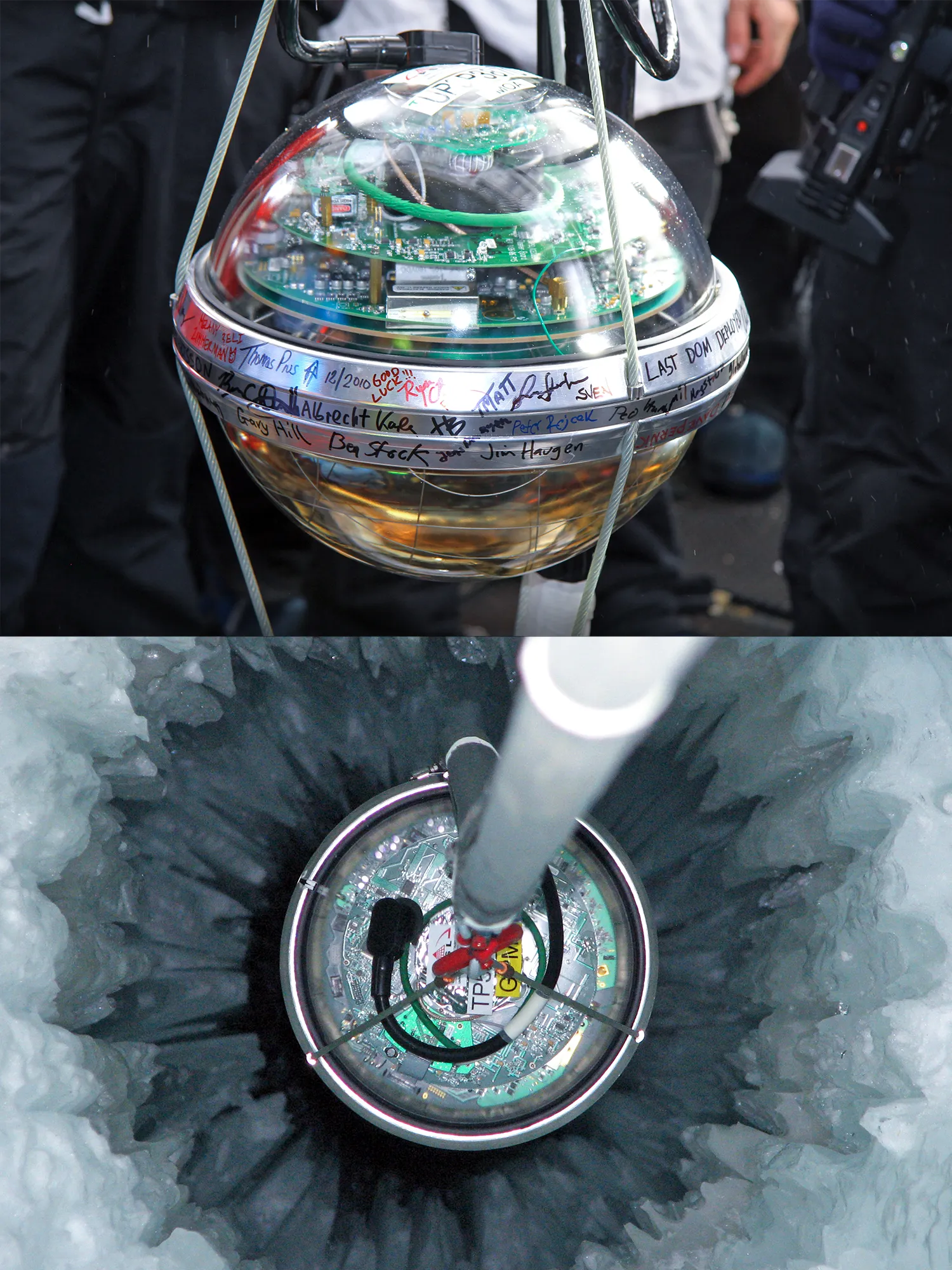 Closeup of a neutrino detector suspended on a metal cable; closeup of a neutrino detector being lowered into the ice.