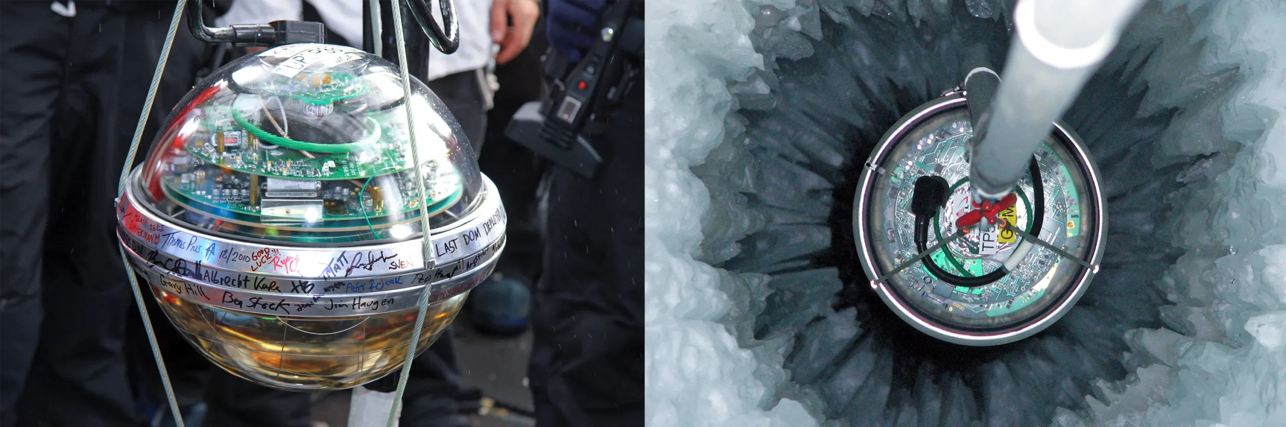 Closeup of a neutrino detector suspended on a metal cable; closeup of a neutrino detector being lowered into the ice.