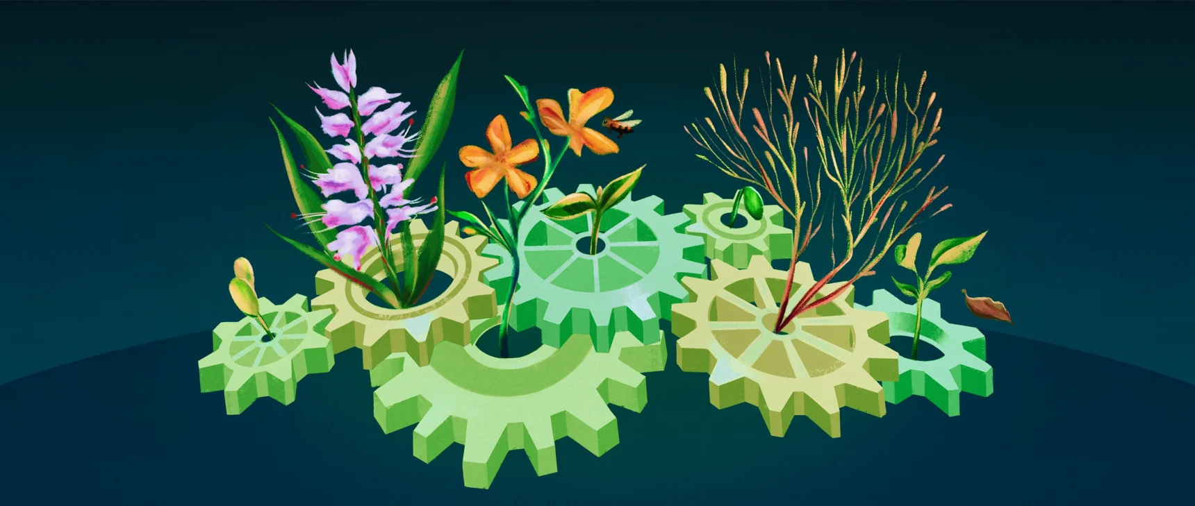 Different species of plants grow from the hubs of horizontal gears that mesh like clockwork.