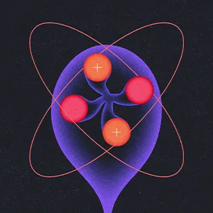 An illustration of a ballooning helium nucleus, in three stages. The protons are orange, and the neutrons are red. In the first panel, the nucleus is compact. As it expands, the protons and neutrons move away from one another.