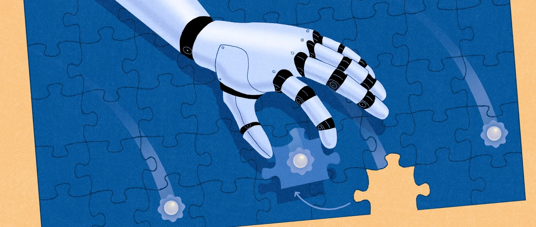 A robot hand plucks a puzzle piece with a particle from a mostly empty puzzle.