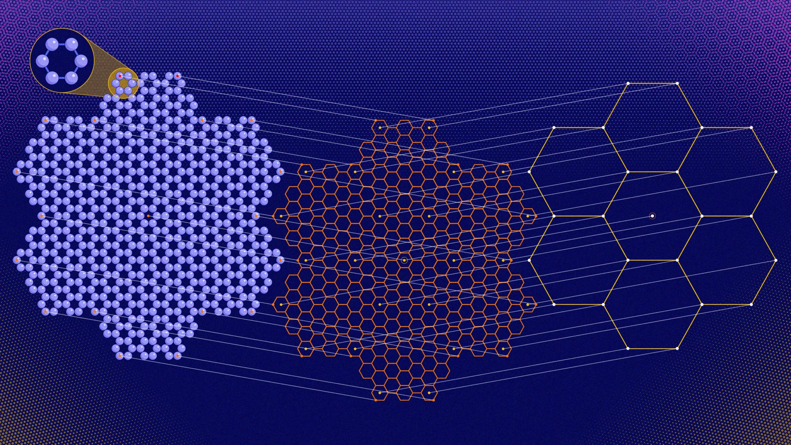 An illustration of a honeycomb-shaped molecular mosaic. Formed by a six-sided molecule, the hexagonal mosaic is a pattern within a pattern, with multiple levels of organization.